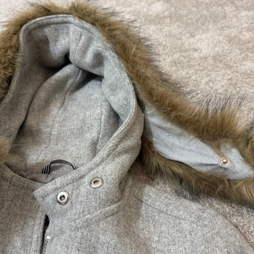J.Crew Chateau Parka Italian Stadium-Cloth Wool Grey‎ Faux Fur Hood Coat Size 0 - Picture 3 of 11